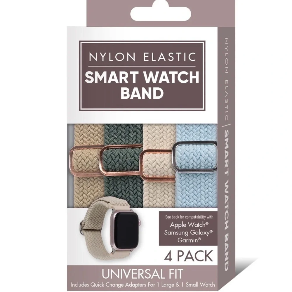 Universal Tan, Green, Mauve, Sky Blue Nylon Elastic Smart Watch Band Set Of 4